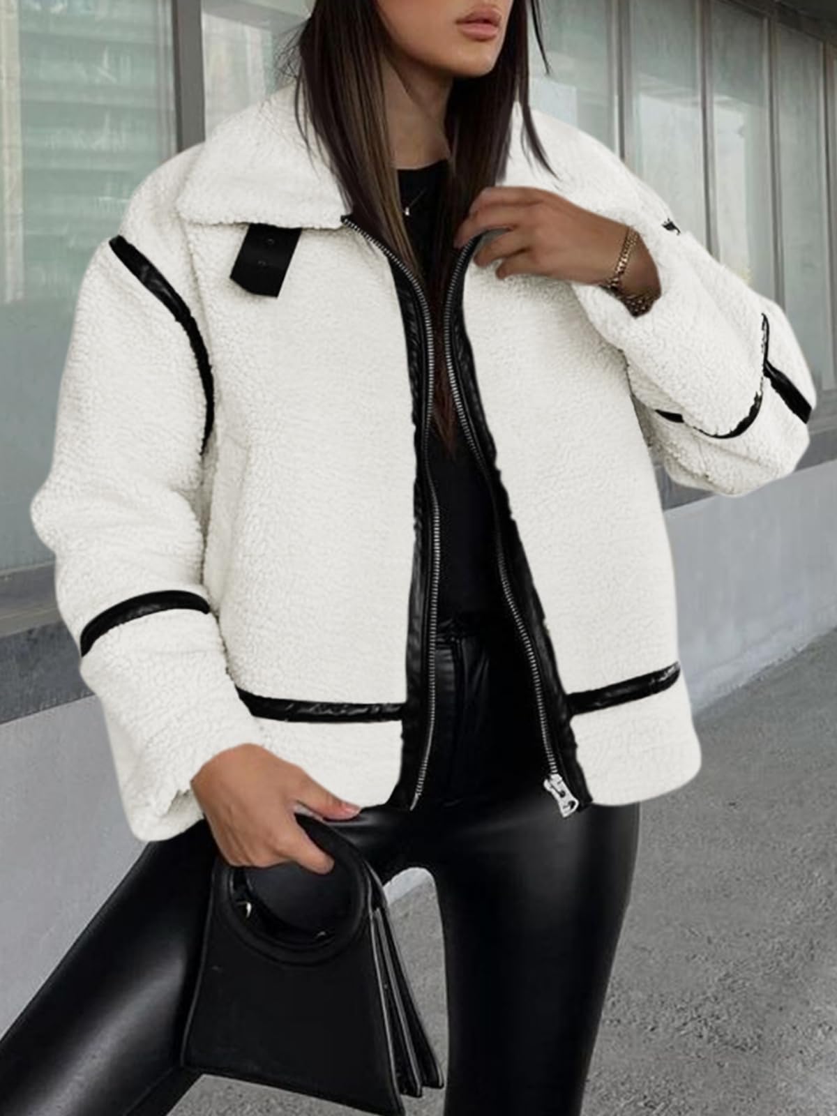 Tankaneo Womens Faux Fur Jackets Winter Trendy Sherpa Moto Leather Patchwork Zip Up Coat