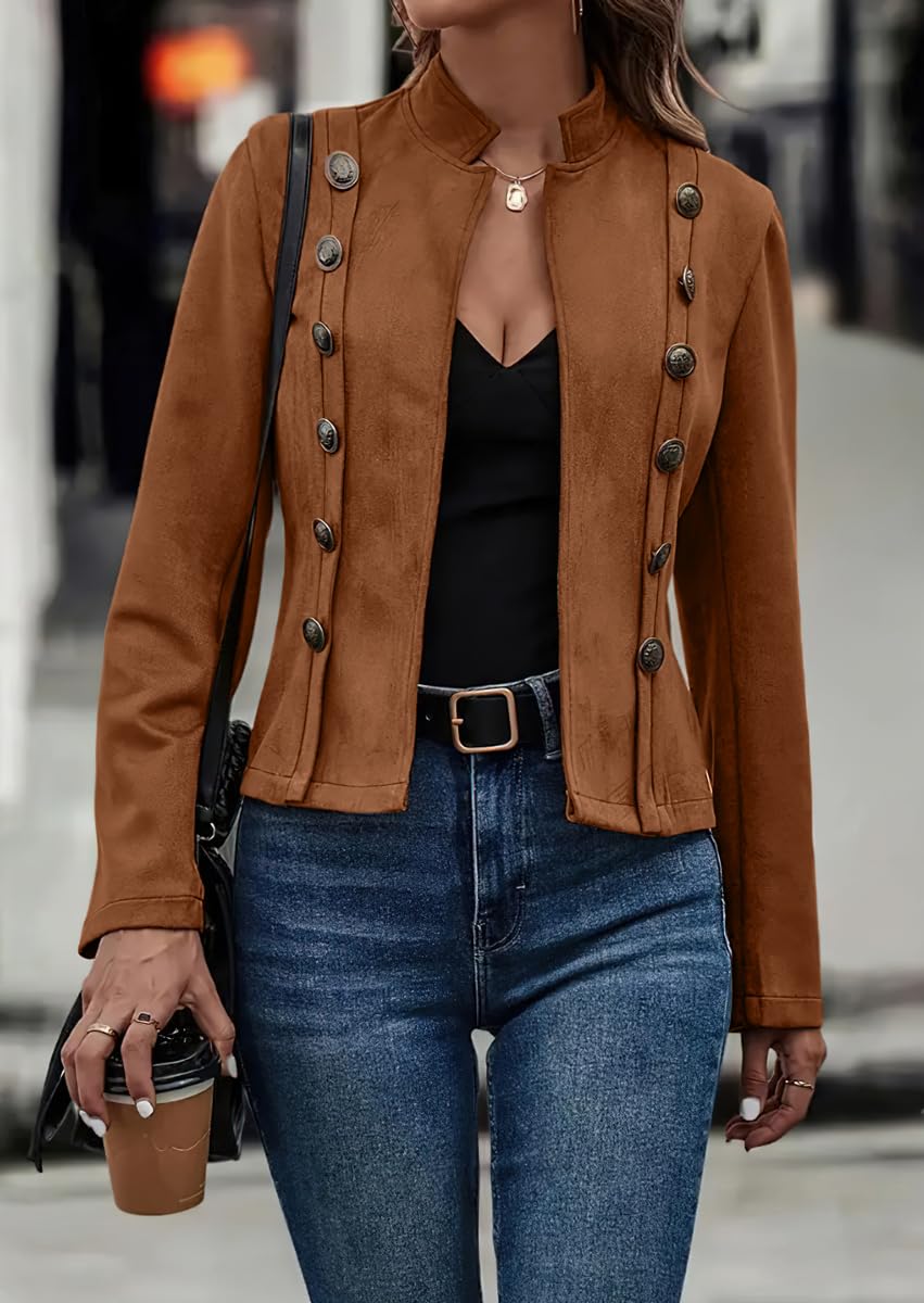 chouyatou Women's Faux Suede Leather Jacket 2025 Fall Winter Clothes Casual Business Long Sleeve Blazer Jacket Coat (Small, Brown)