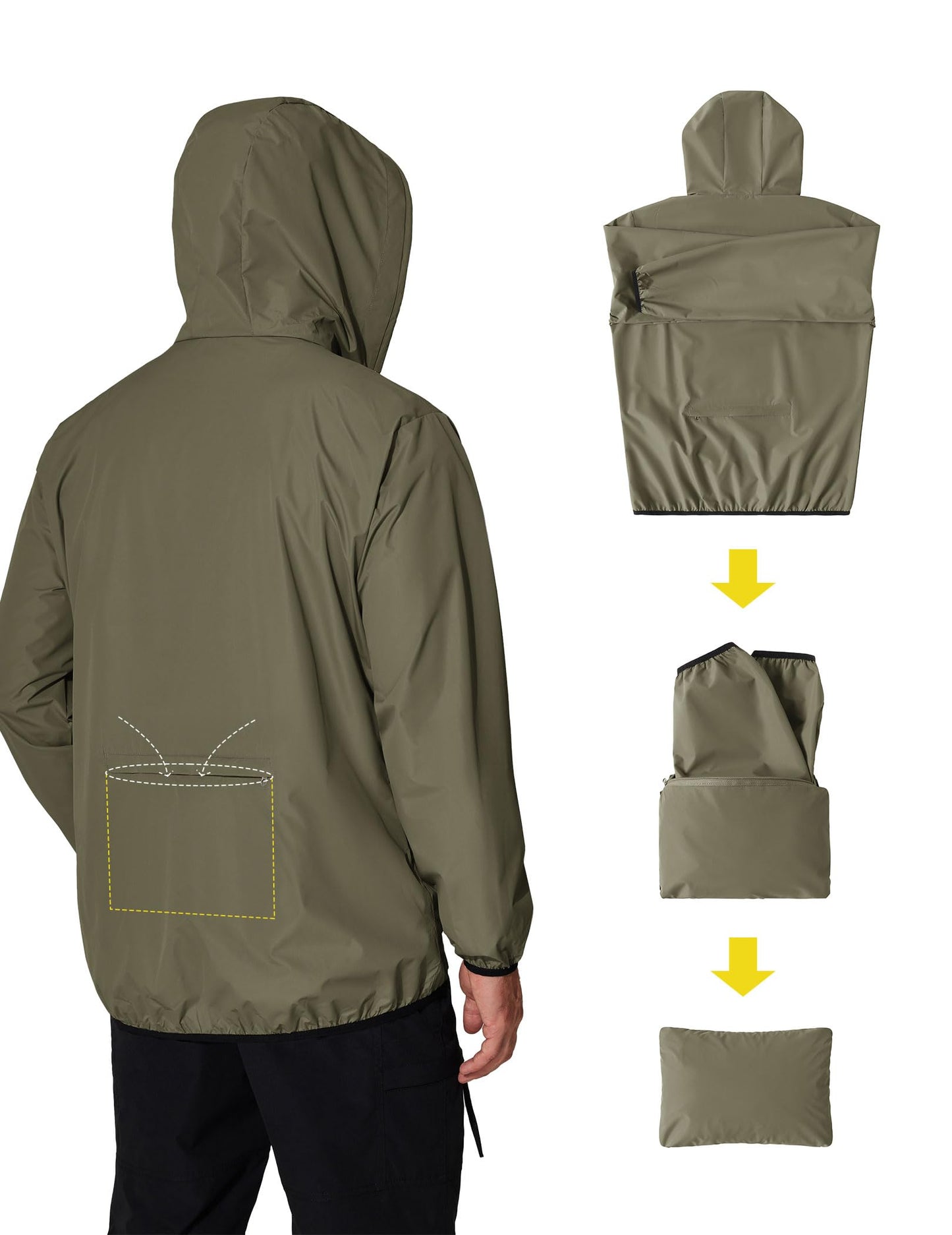 COOFANDY Mens Packable Rain Jacket Lightweight Breathable Raincoat Polyester Waterproof Windbreaker Jacket Army Green Large