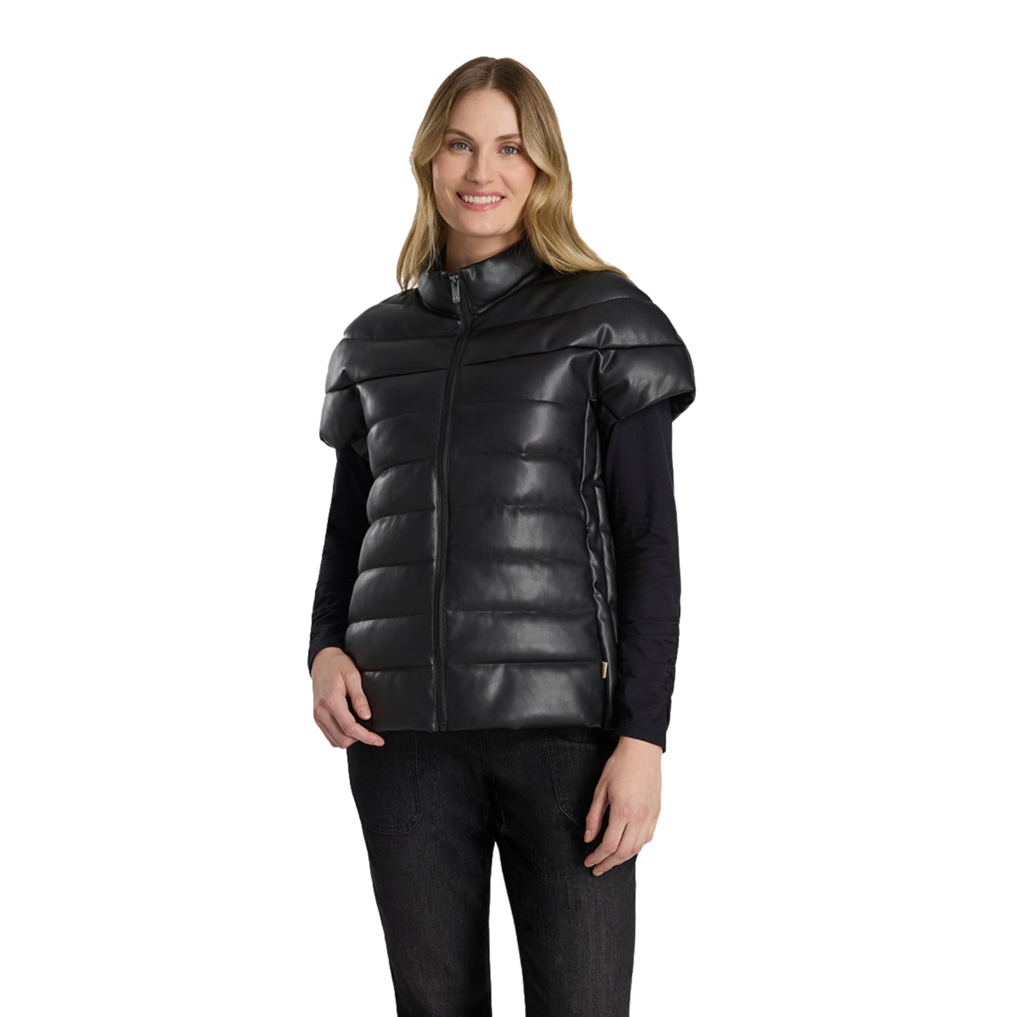 Martha Stewart Women's PU Quilted Puffer Vest, Lightweight Down Outerwear, Sleeveless Faux Leather Zip Up, Black, L