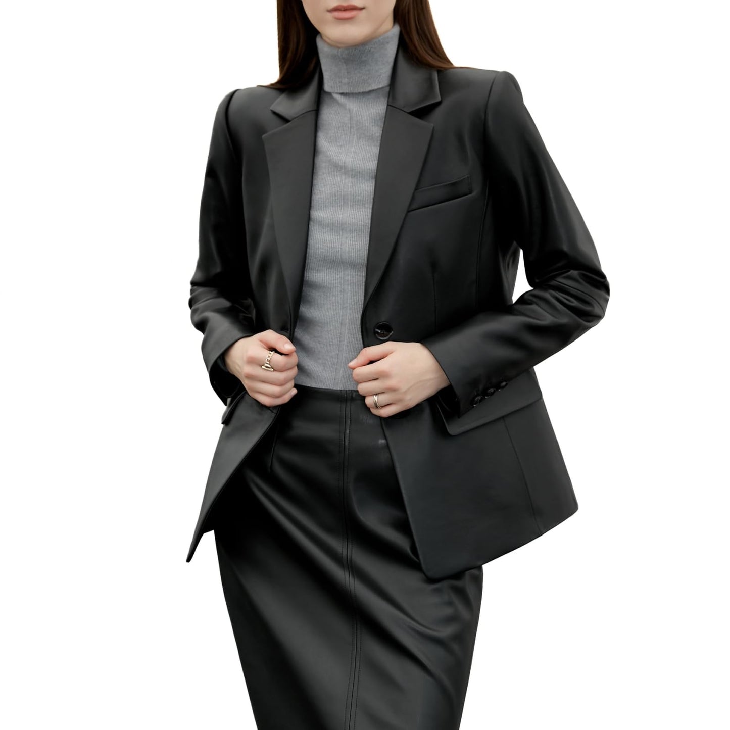 SILVER FASHIONS Lambskin Leather Jacket Women,Long Sleeve Button Front Leather Blazer,Notched Lapel Casual Style,Vent Detail (X-Large,Black)