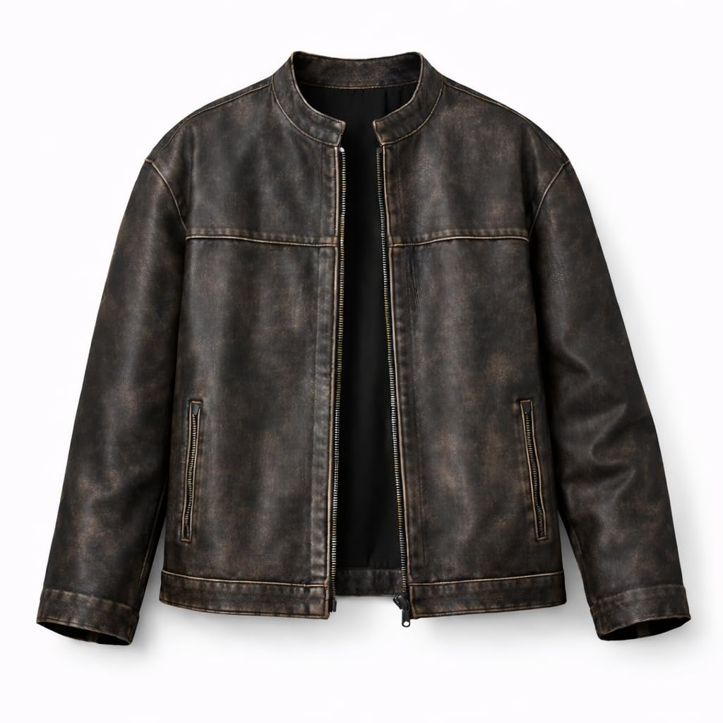 Women’s Oversized Vintage Leather Bomber Jacket – Genuine Lambskin, Distressed, Drop-Shoulder, Zip-Front (Medium)