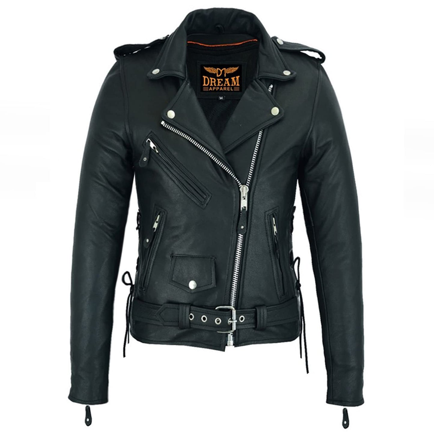 Dream Apparel Women’s Classic Leather Motorcycle Jacket with Zip Out Lining, Biker Jacket for Ladies with Side Laces (Black, Size M)