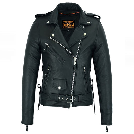 Dream Apparel Women’s Classic Leather Motorcycle Jacket with Zip Out Lining, Biker Jacket for Ladies with Side Laces (Black, Size M)
