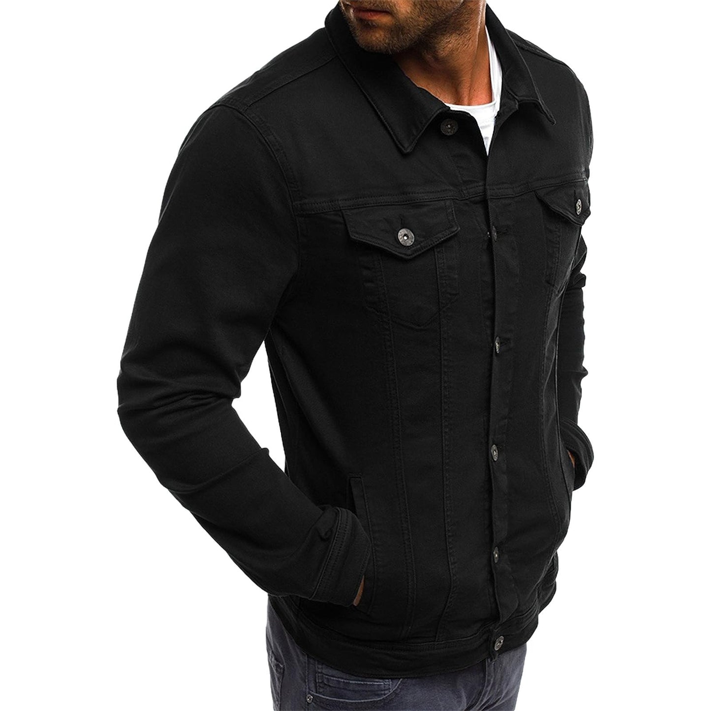 amropi Men's Casual Classic Denim Jacket Slim Fit Fashion Jean Coat Black, M