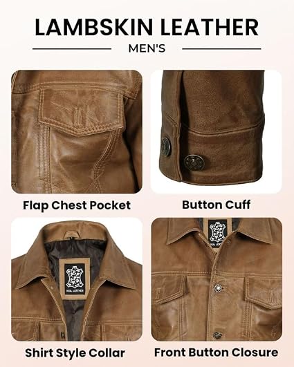 Blingsoul Brown Leather Trucker Jacket Men | [1107375] Fernando Camel Wax, XL