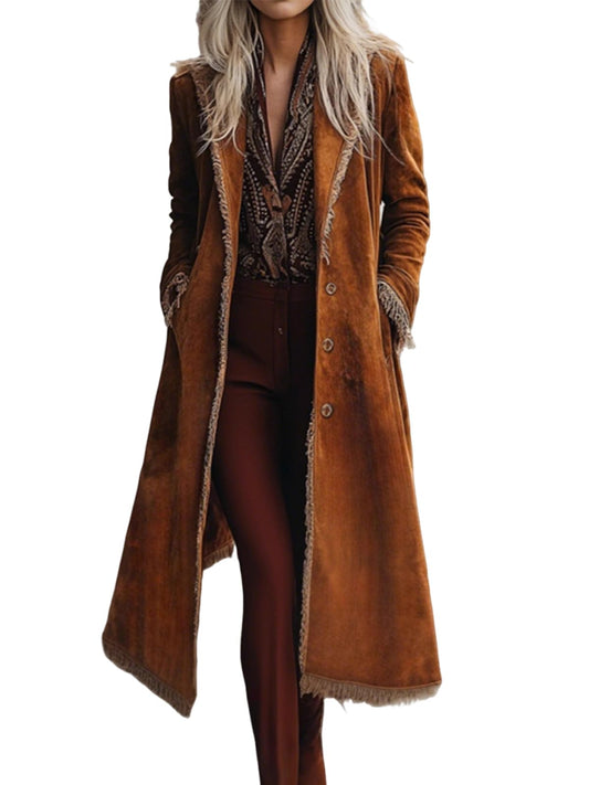 utcoco Women's Long Suede Trench Coat, Retro Western Coat with Tassel, Classic Lapel Windproof Trench Overcoat (Large, Brown)