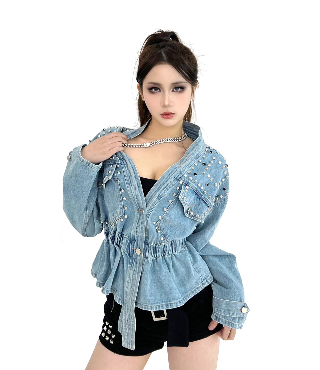DARKSHE Women's Denim Jacket, Studded Rivet Fashion Coat with Long Sleeve (DS2503 / XL)