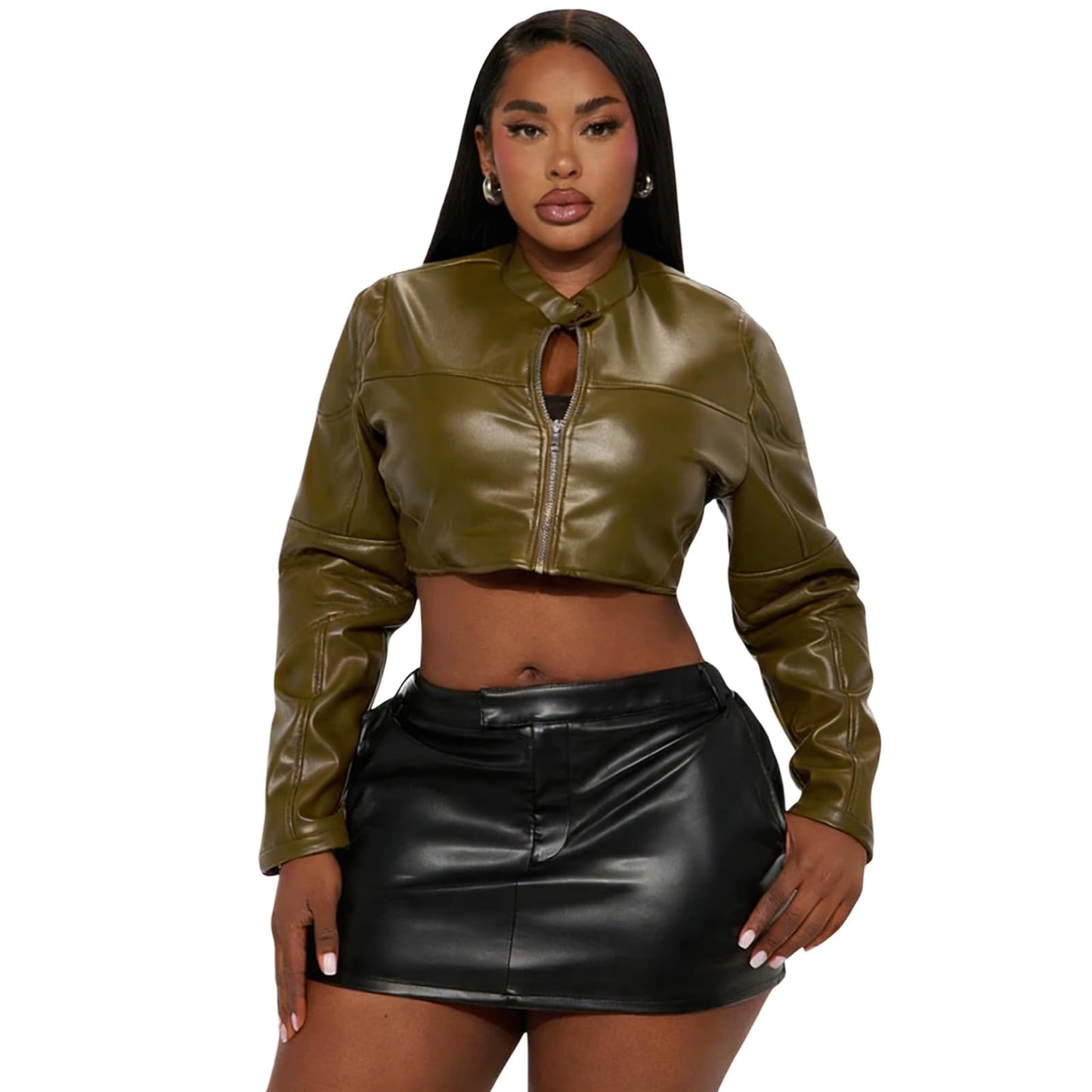 Charyeah Women's Faux Leather Jacket Cropped Leather Jacket Women Bomber Motorcycle Jacket y2k Jacket (US, Alpha, Large, Regular, Regular, Olive Green)