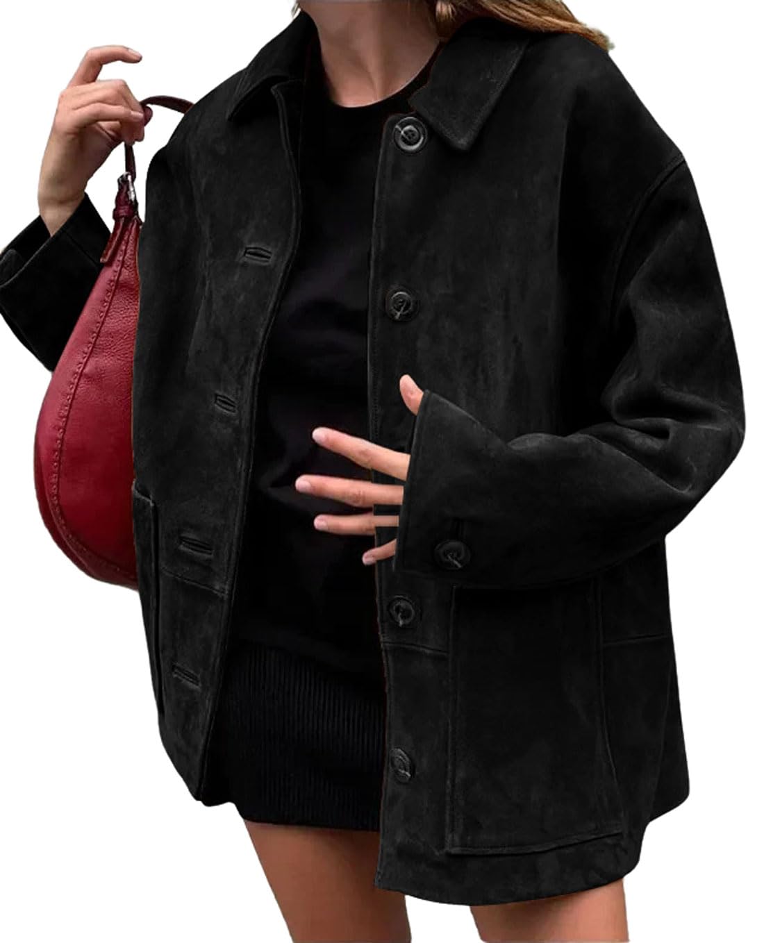 chouyatou Women's Fall Boyfriend Faux Suede Leather Jacket Casual Midi Long Button Down Shacket Coat (Medium, Black)