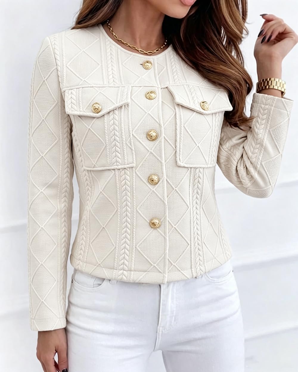 CHICME Womens Bomber Jacket Lightweight Argyle Cable Knit Coat-Beige-Medium