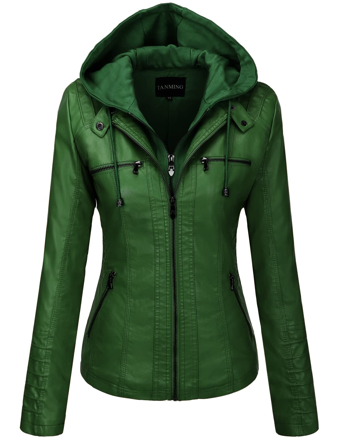 Tanming Womens Faux Leather Jacket Hooded Moto Biker Coat Outerwear Fall Fashion Outfits Winter Clothes