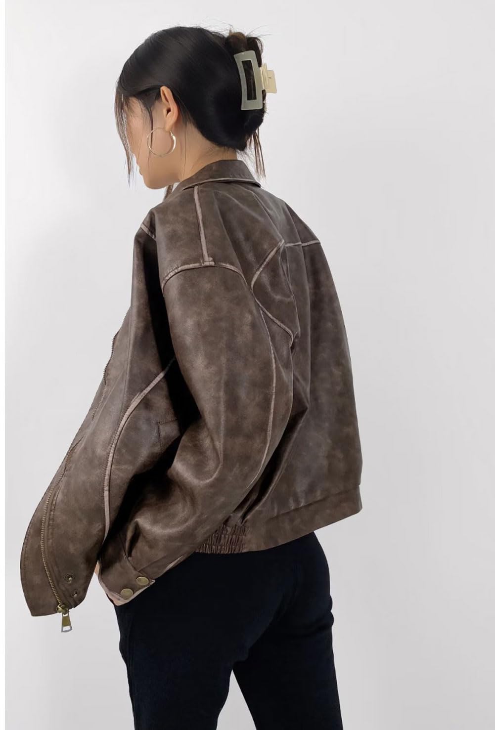 chouyatou Women's Fall Distressed Faux Leather Bomber Jacket Motorcycle Oversized Leather Jacket (Small, Brown)