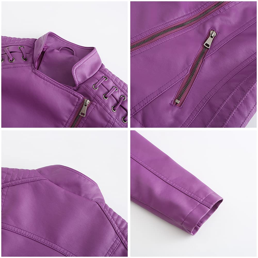 DEAR MODEL Womens Leather Jacket Long Sleeve Fitted Faux Leather Coats,Classic Locomotive Style Leather Jacket,Purple,L