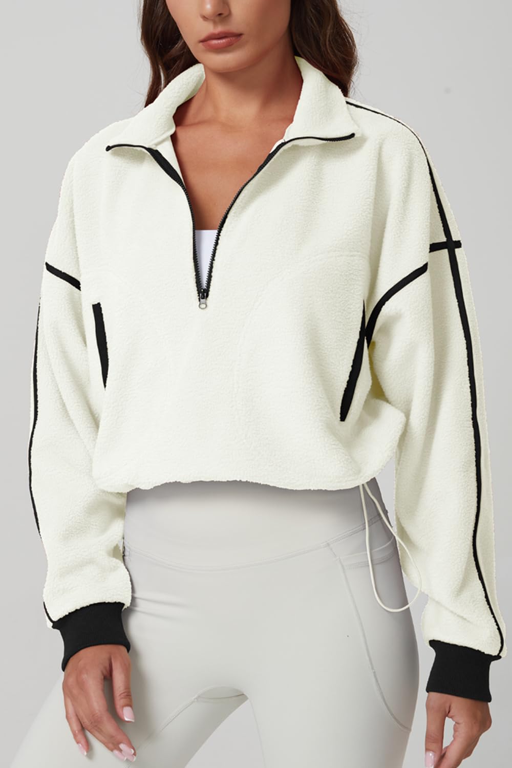 QINSEN Women Sherpa Coat Half Zip Long Sleeve Baggy Short Jacket Mock Neck Fleece Outwear Beige M