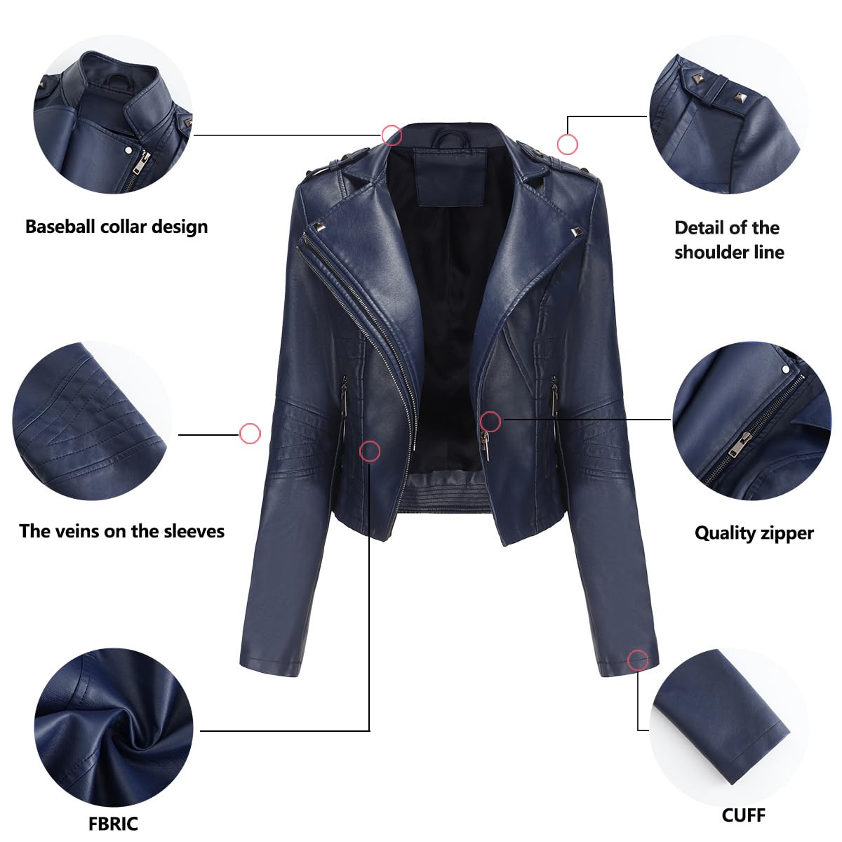 Sister Amy Women PU Leather Jacket Women Bomber Jacket Cropped Zipper Jacket Moto Coat Dark Blue X-Small