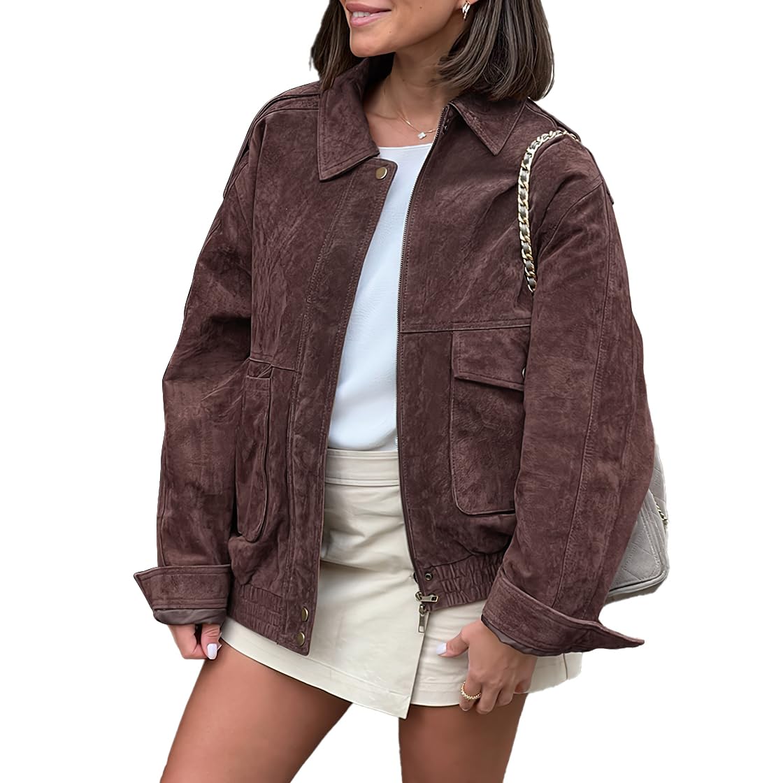 chouyatou Women Vintage Faux Suede Jacket Zip Up Bomber Jacket Lapel Collar Cropped Biker Moto Jacket Coat (XX-Large,Coffee)
