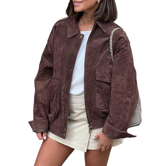 chouyatou Women Vintage Faux Suede Jacket Zip Up Bomber Jacket Lapel Collar Cropped Biker Moto Jacket Coat (XX-Large,Coffee)