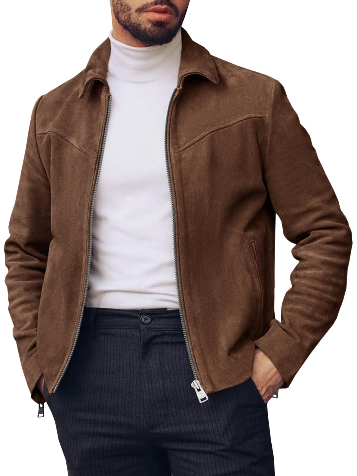 Runcati Men's Suede Jacket Full Zip Casual Vintage Jackets Lightweight Classic Trucker Coat