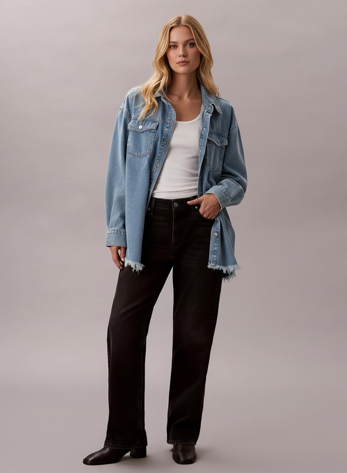 Dokotoo Jean Jacket Women Spring Summer Fall Country Concert Outfits Casual Long Sleeve Denim Shirt Distressed Boyfriend Denim Jacket Shackets Western Jean Jacket Womens Clothing Sky Blue Jackets L