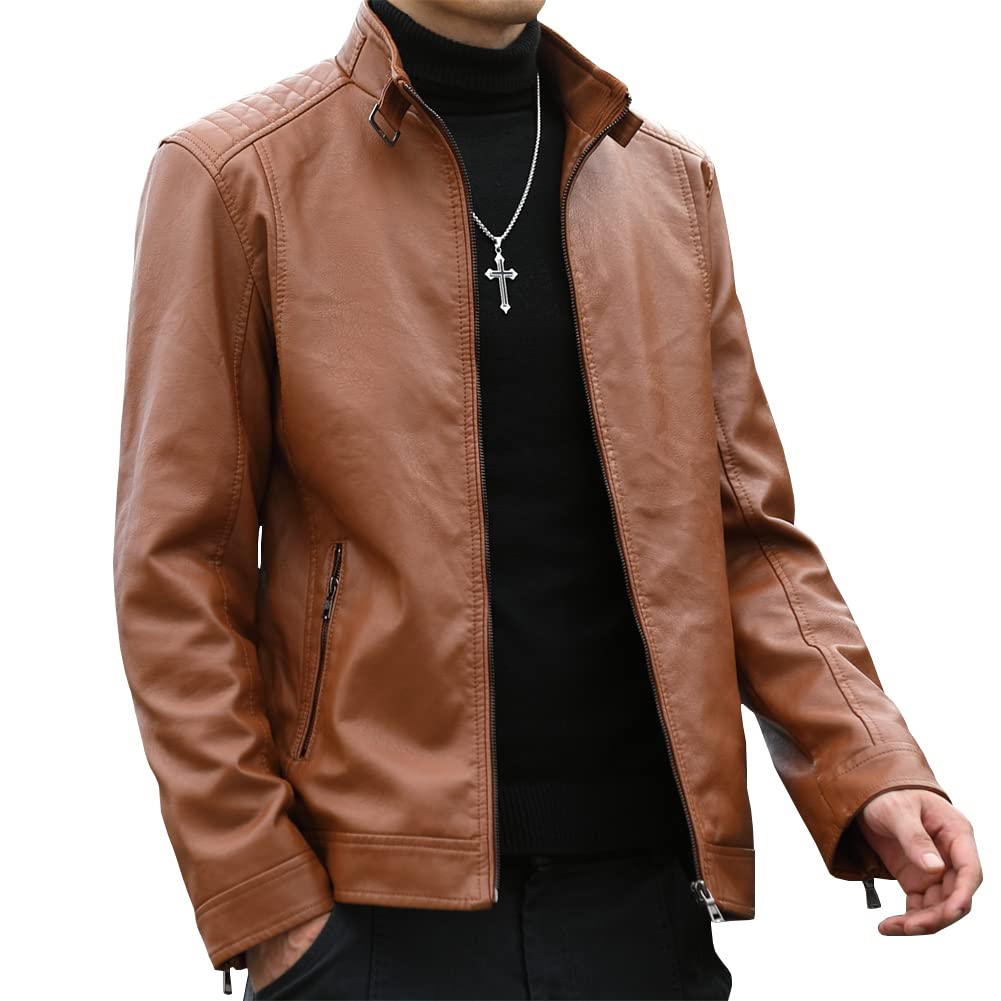Womleys Mens Casual Stand Collar Faux Leather Jacket Biker Motorcycle Jackets (Brown, Medium)