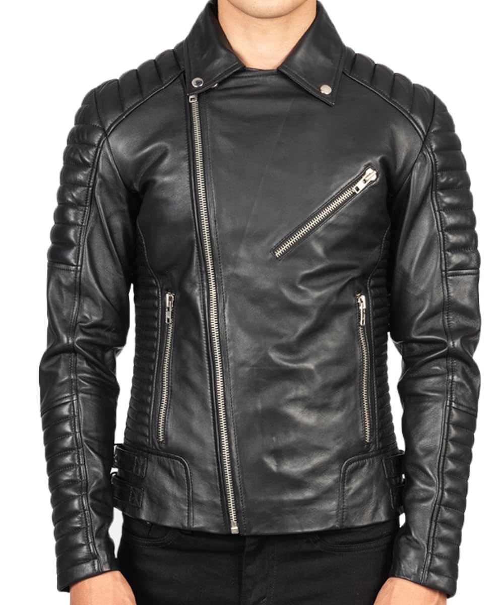 USTRADEENT 2024 Genuine Leather Biker Jacket for Men - 100% Lambskin Leather Biker Brown Vintage Jacket… (US, Alpha, X-Large, Regular, Regular, Black)