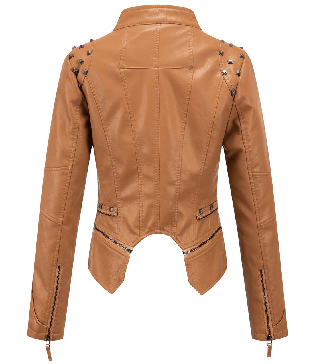 chouyatou Women's Fashion Studded Perfectly Shaping Faux Leather Biker Jacket (Large, Brown)