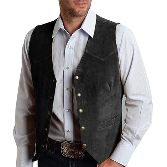 CXFOVIOVA Mens V Neck Suit Vest Retro 5 Button Suede Leather Regular Fit Casual Waistcoat for Prom,Husband Gift,Daily Wear (Color : Black, Size : 3XL)