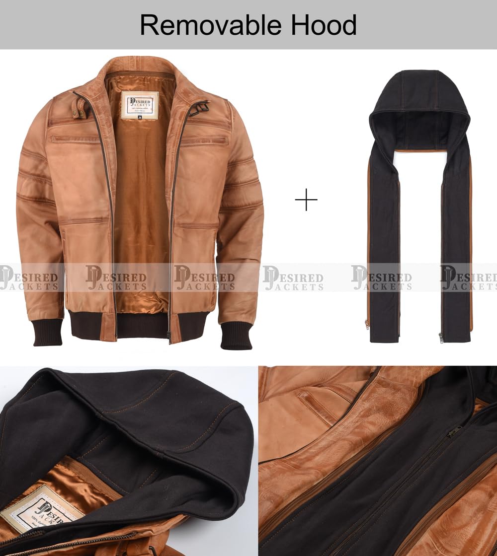 Mens Genuine Black Hooded Bomber Leather Jacket Real Lambskin Waxed Beige Leather Jackets for Men with Removable Hood (US, Alpha, Medium, Regular, Regular, Beige)