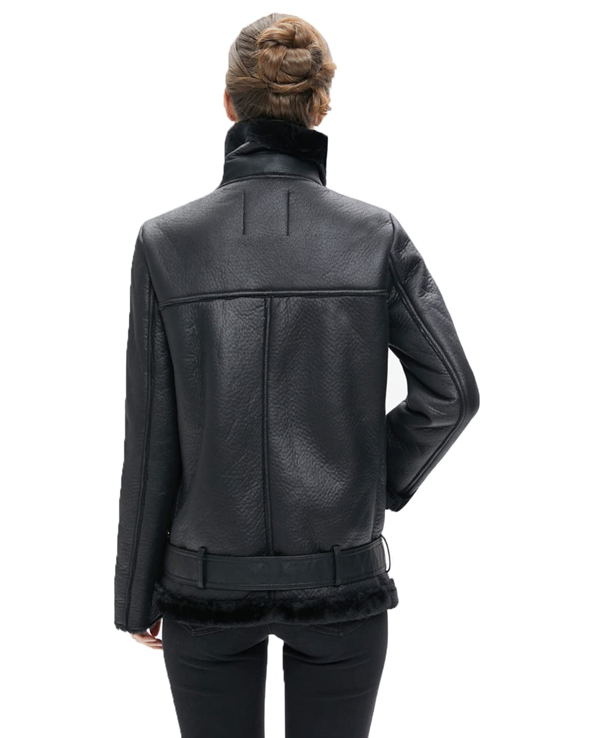LY VAREY LIN Women's Faux Shearing Moto Jacket Thick Lined Parka Winter Shearling Coat Leather Jacket (L, Black)