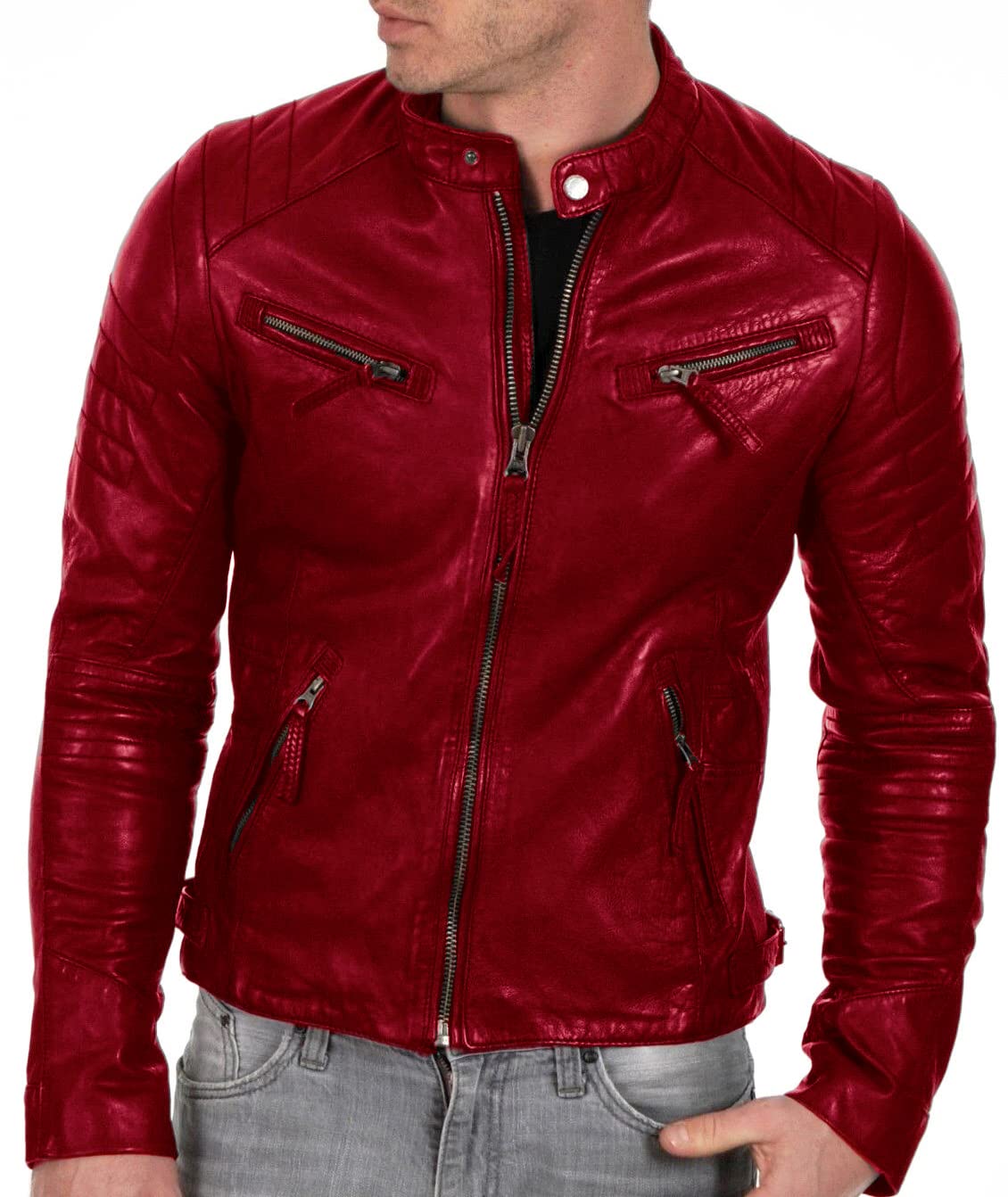 DECIMAL Men's Black & BROWN Genuine Lambskin Leather Biker Jacket VINTAGE REAL MOTORCYCLE JACKETS FOR MEN (M, RED)