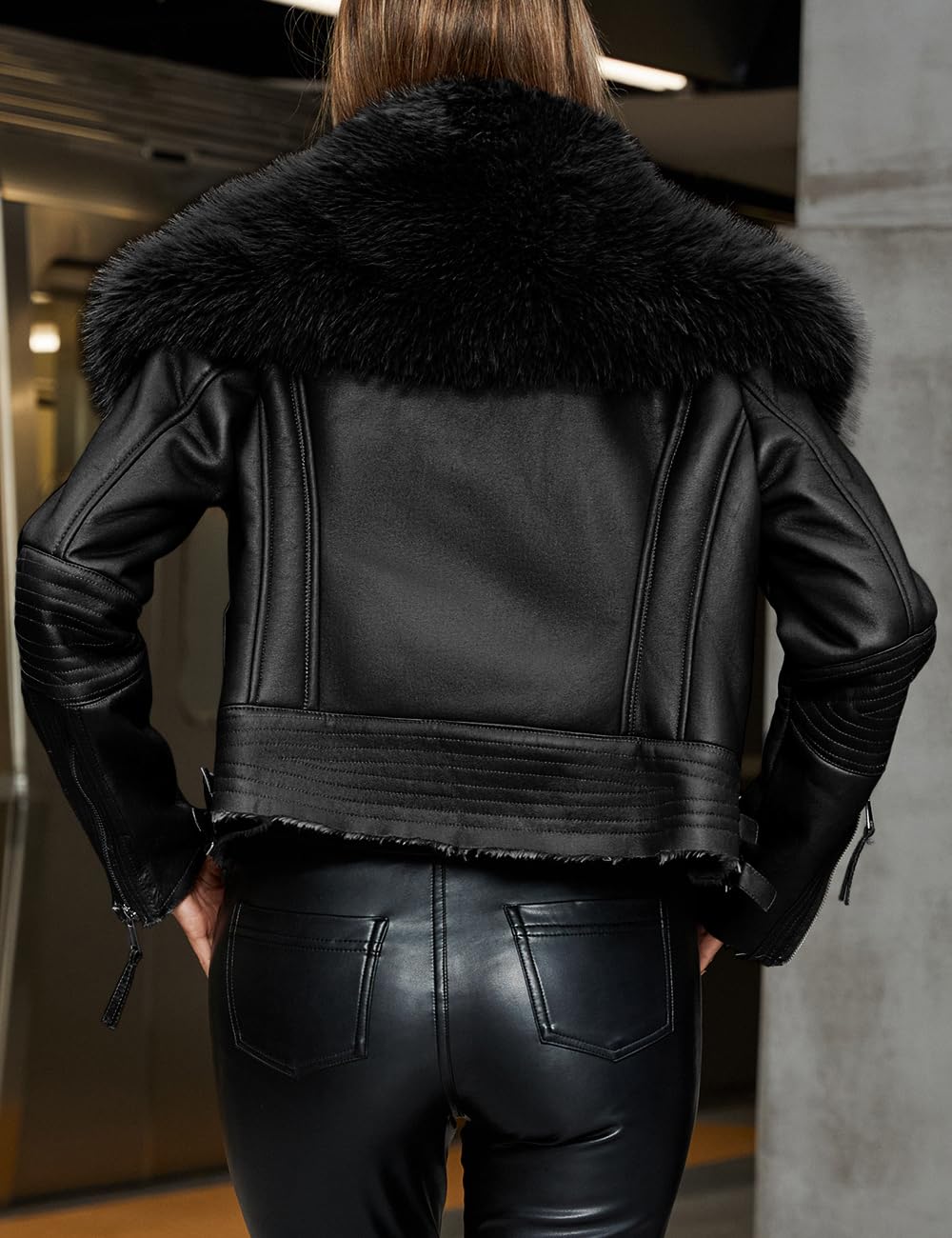 Bellivera Women's Faux Leather Moto Biker Jacket Aviator Sherpa Lined Winter Outerwear with Faux Fur Collar 267 Black M