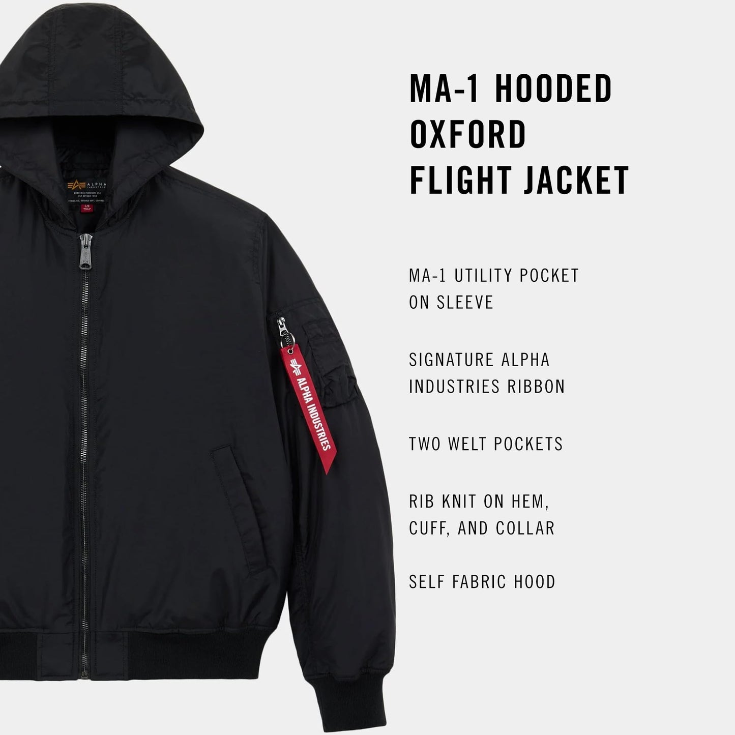 Alpha Industries MA-1 Hooded Oxford Flight Jacket for Men – Bomber Lightweight Nylon Shell – Utility Sleeve Pocket – Rib-Knit Trim – Fleece Hood – Zipper Closure – Military Jacket, Black XL
