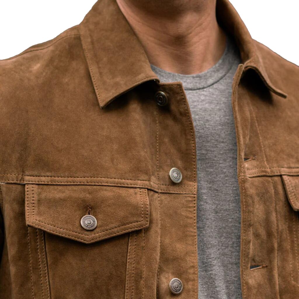 Isaac & David Chicago Vintage Trucker Suede Leather Jacket Men - Denim Biker Cafe Racer Causal Jacket Western Cowboy (US, Alpha, 3X-Large, Regular, Regular, Dusty)