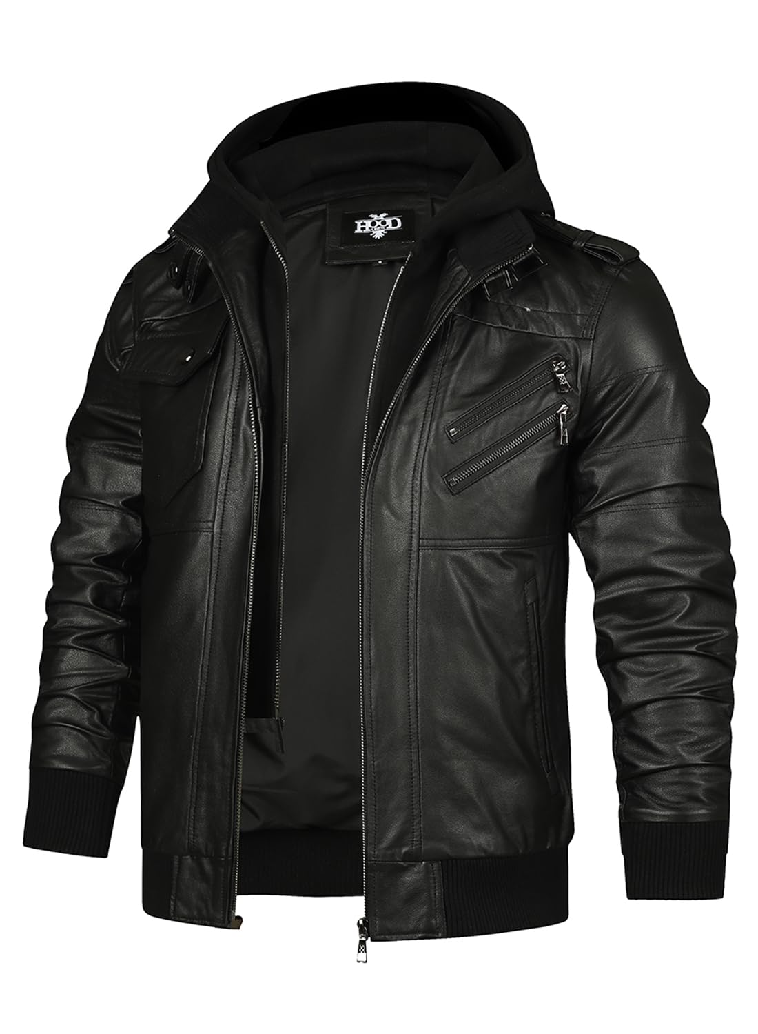 HOOD CREW Men’s Genuine Cowhide Leather Jacket Black Hooded Motorcycle Biker Jacket for Men