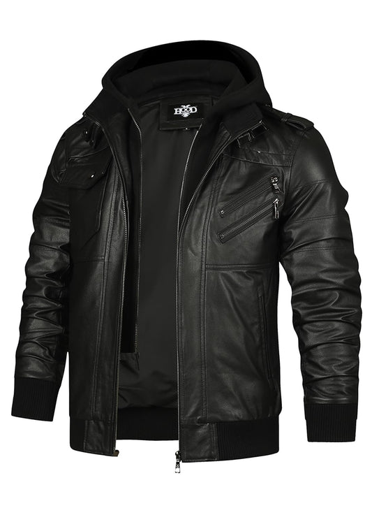 HOOD CREW Men’s Genuine Cowhide Leather Jacket Black Hooded Motorcycle Biker Jacket for Men