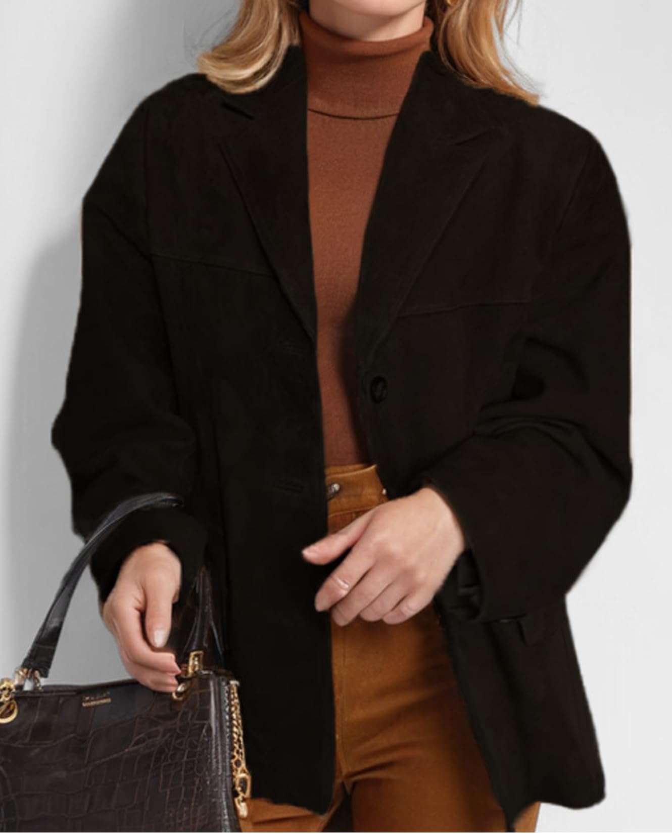 LIZALIG Chic Oversized Leather Jacket Women Brown Leather and Soft Suede Combo for Layering and Casual Outings