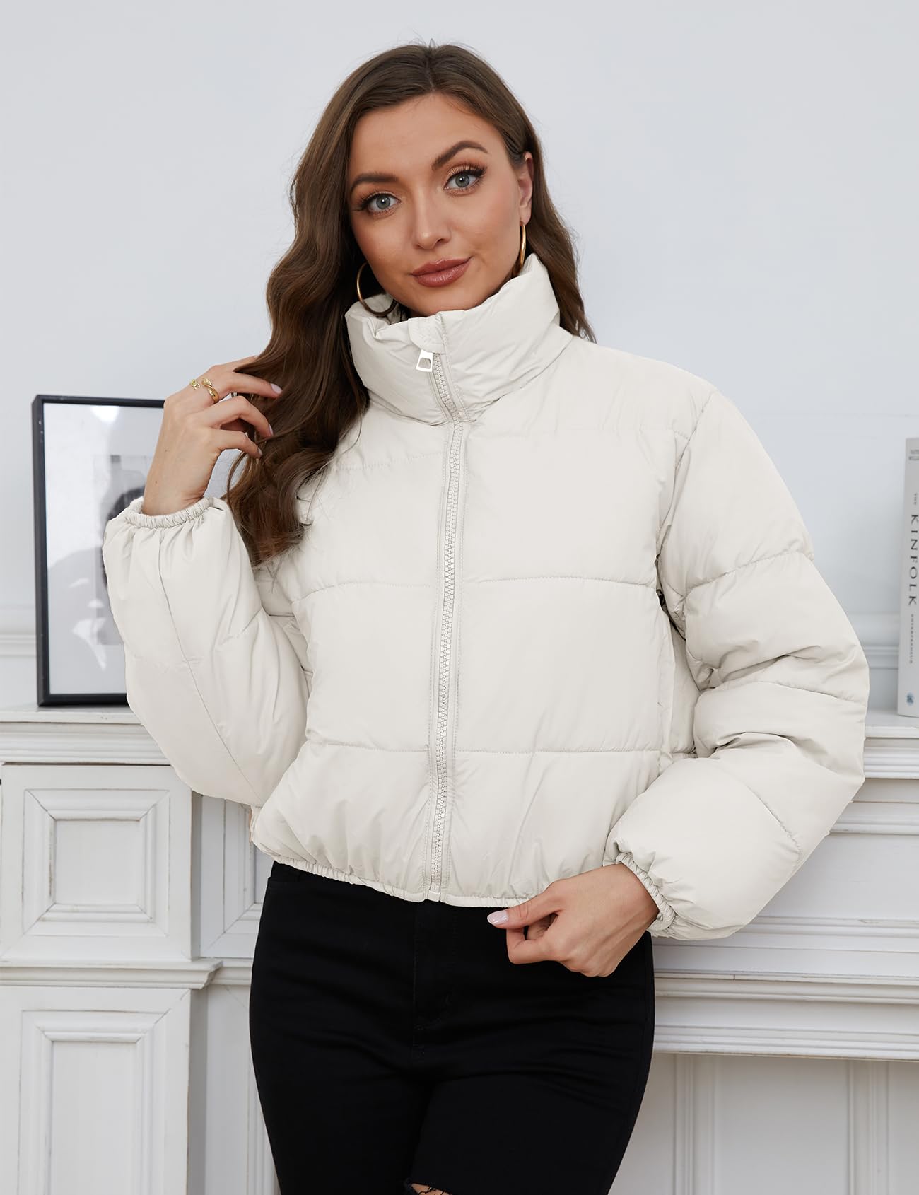 Yimoon Women's Cropped Puffer Jacket Quilted Lightweight Stand Collar Full Zip Short Down Jacket (White-M)
