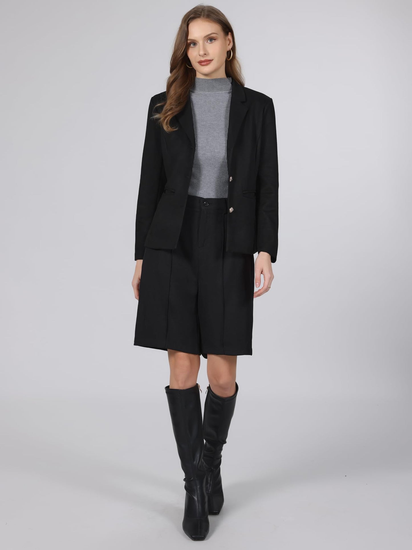 Hobemty Women Casual Faux Suede Lapel Collar Long Sleeve Blazer Black