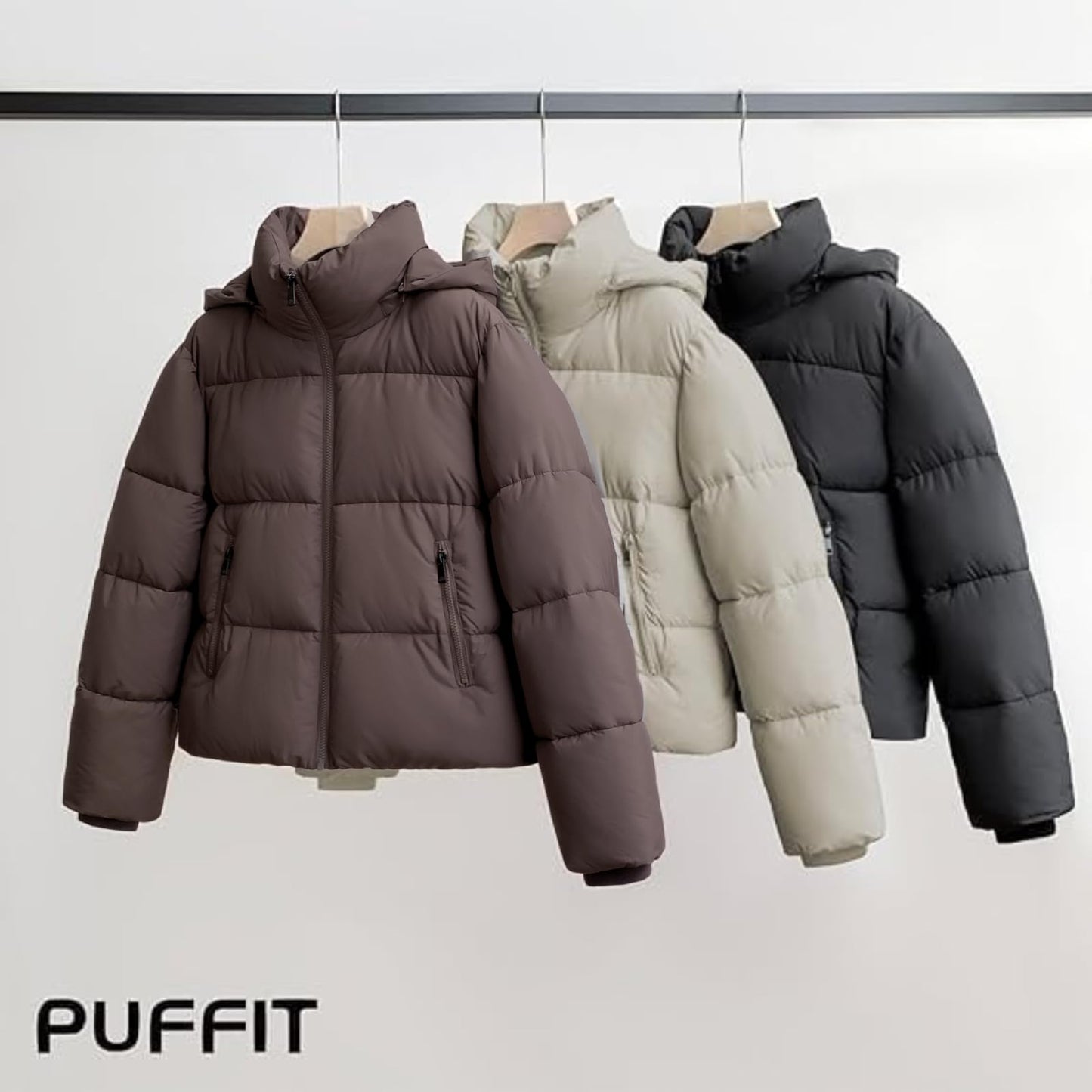 PUFFIT Women's Cropped Puffer Jackets,Warm Winter Jacket with Removable Hood,Zipped Pockets,Short Ladies Quilted Coat