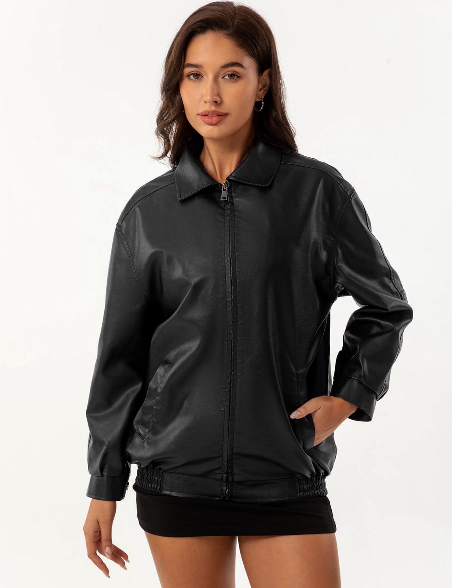 APRROOT Black Leather Jacket Women Oversized Faux Suede Motorcycle Bomber Leather Jackets 2025 Fall Fashion Outfits Winter Clothes Black M