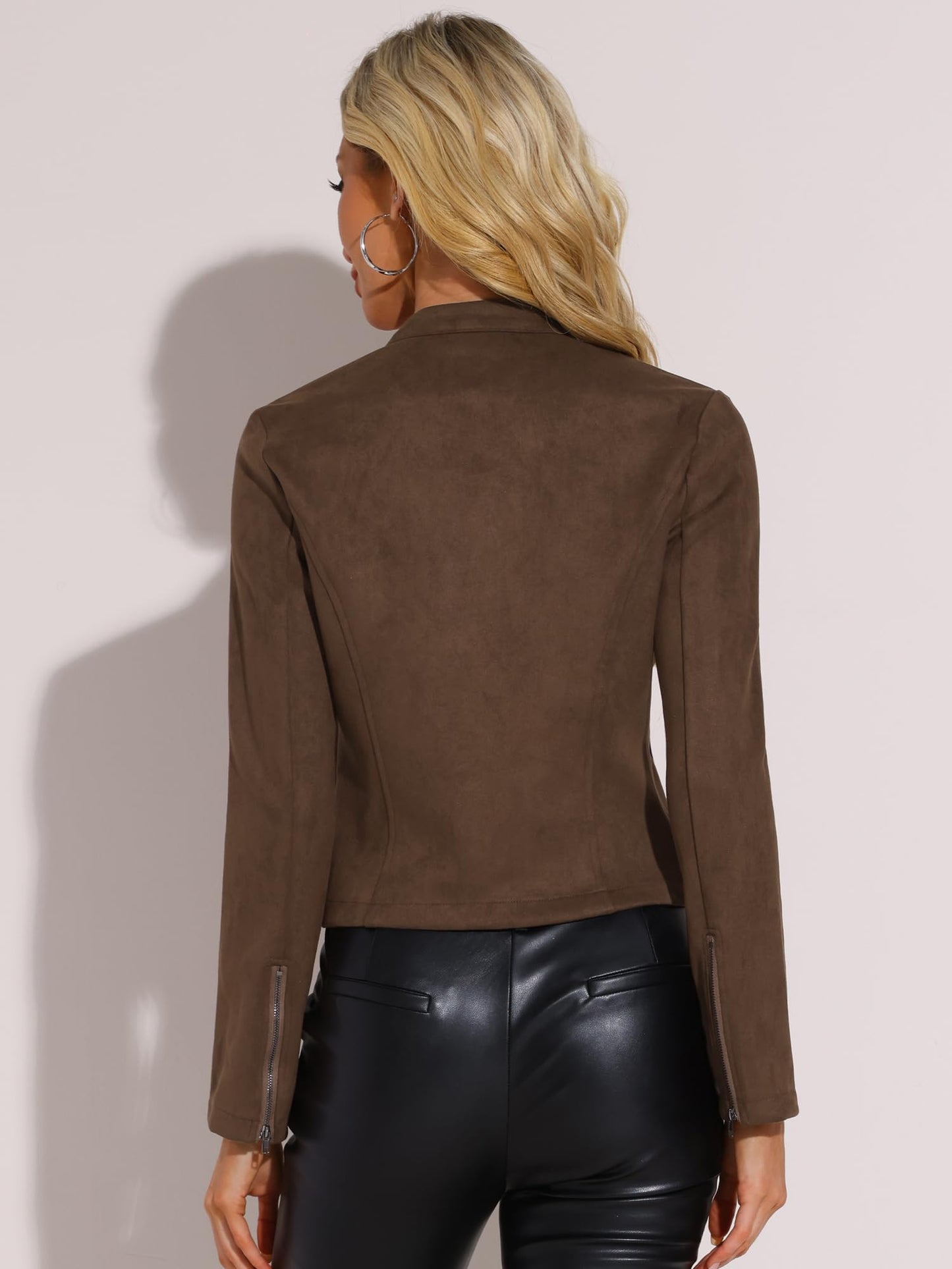 Allegra K Women's Faux Suede Jacket Stand Collar Zip Up Long Sleeve Motorcycle Biker Coat X-Large Dark Brown