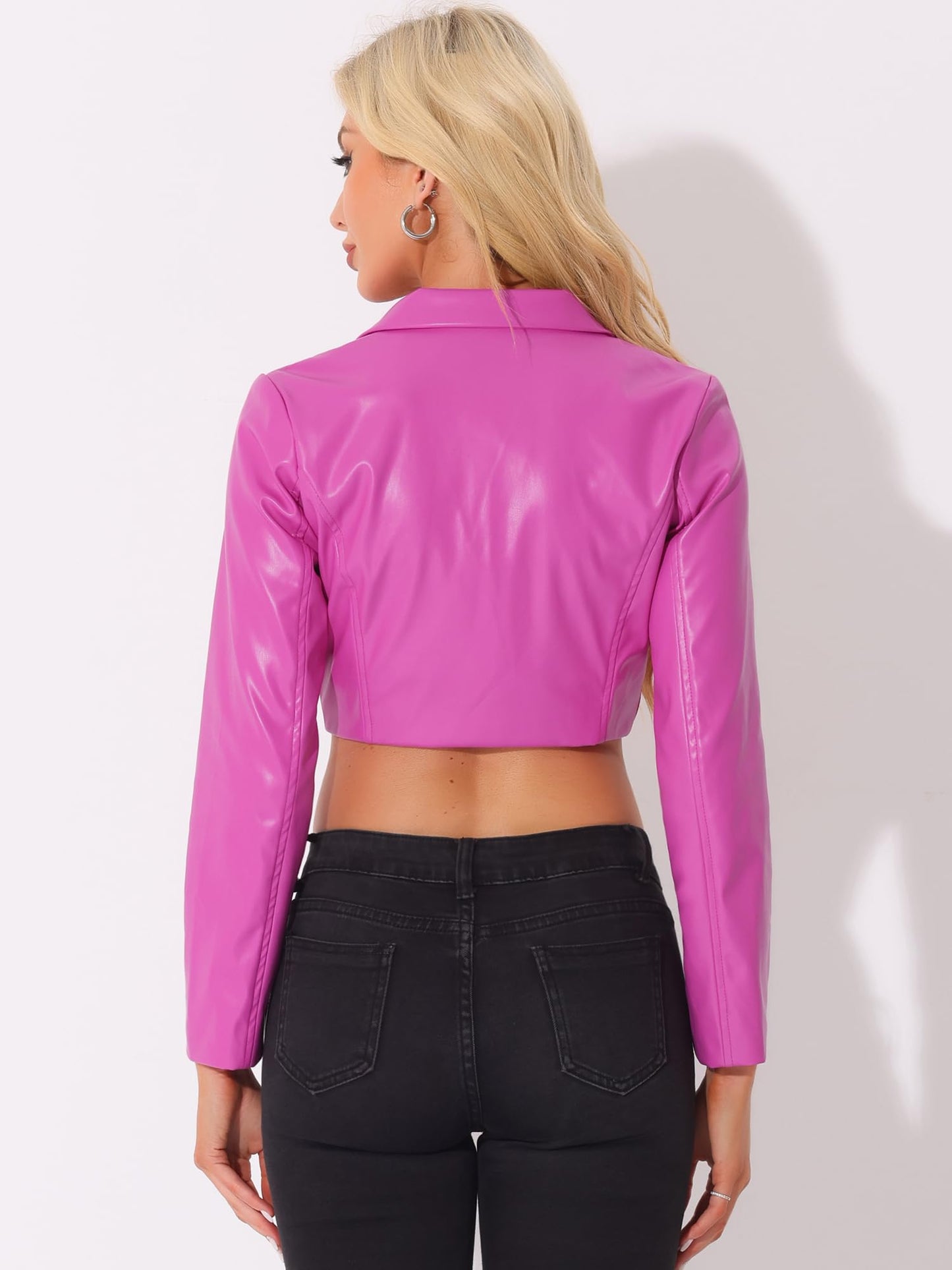 Allegra K Cropped Leather Jacket for Women's Concert PU Motorcycle Jacket Small Hot Pink