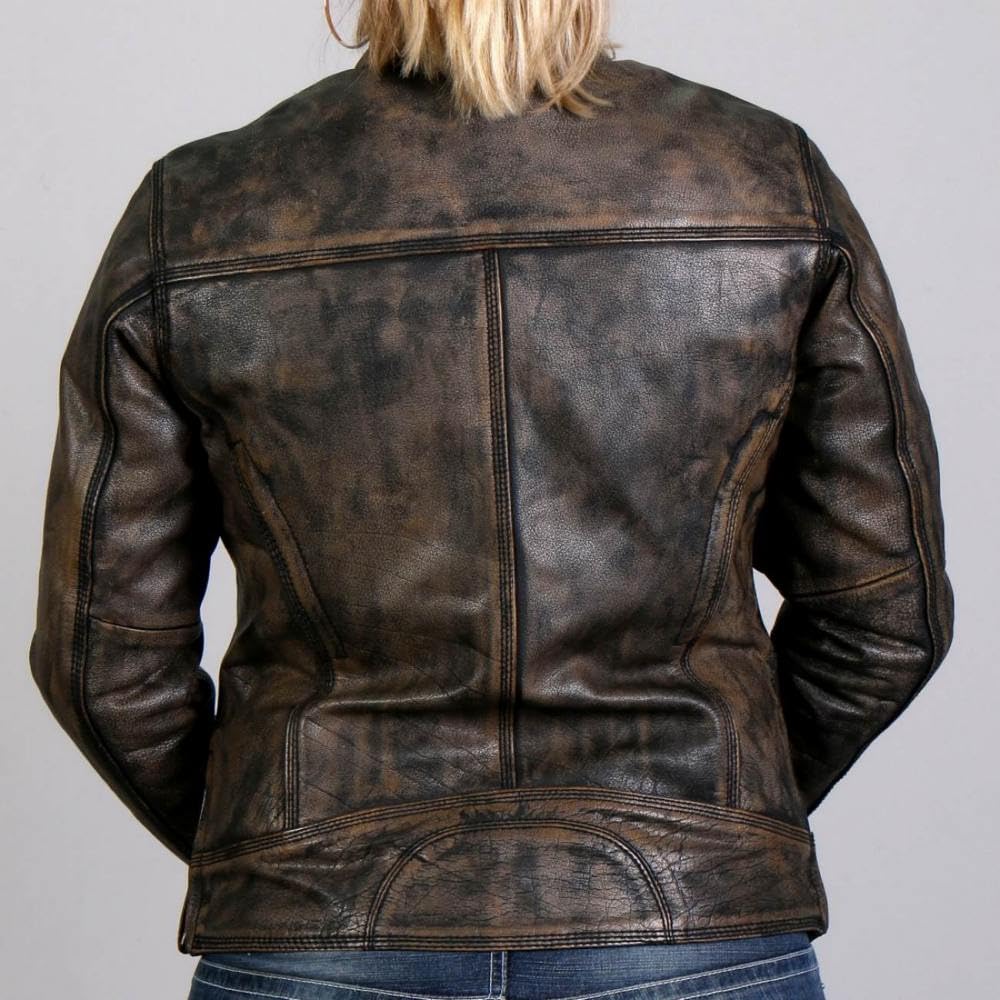 Hot Leathers Women’s Distressed Brown Leather Motorcycle Jacket with Conceal Carry Pockets