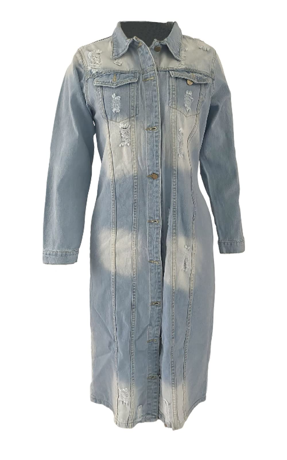Leyoutx Womens Distressed Ripped Lapel Trench Coat Slim Fit Button Down Washed Long Jean Jacket (Large, Light Blue)