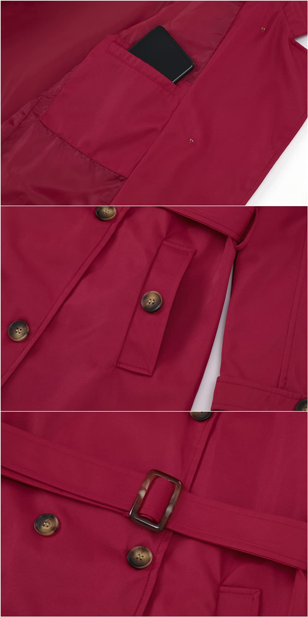 Chrisuno Mid Length Double Breasted Coat Women Lined Trench Coats for Waterproof Hooded Red M