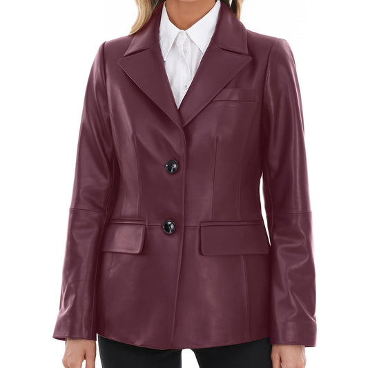 SILVER FASHIONS Lambskin Leather Jacket Women,Long Sleeve Button Front Leather Blazer,Notched Lapel Casual Style,Vent Detail (Large,Burgundy)