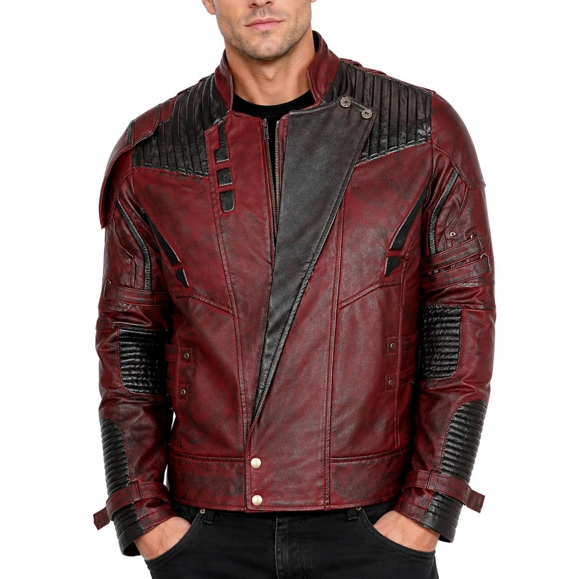 Decent Fashion Mens Distressed Red Maroon Leather Jacket (Small, Faux Wax)