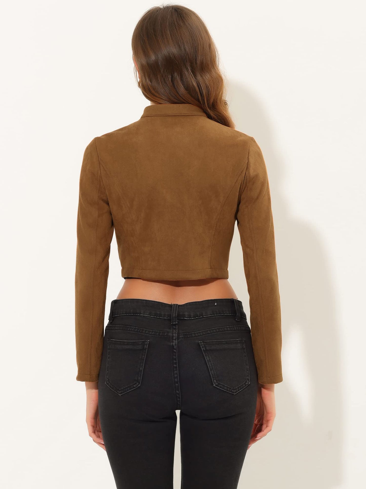 Allegra K Cropped Jacket for Women's Double Breasted Zip Up Faux Suede Jacket Medium Brown