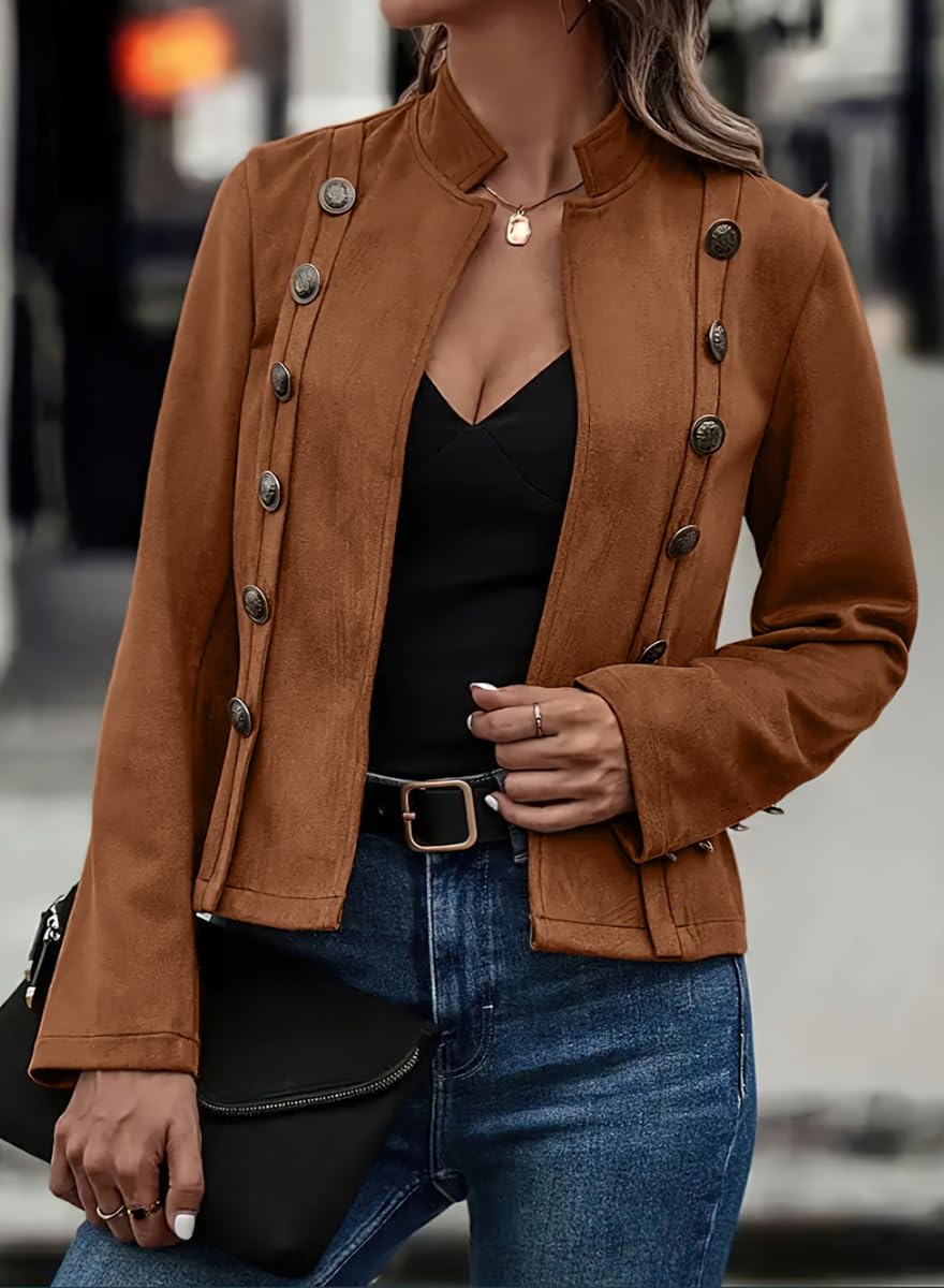 chouyatou Women's Faux Suede Leather Jacket 2025 Fall Winter Clothes Casual Business Long Sleeve Blazer Jacket Coat (Small, Brown)